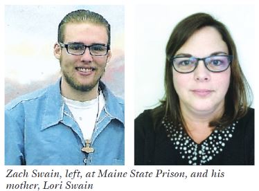 Zach Swain, left, at Maine State Prison, and his mother, Lori Swain